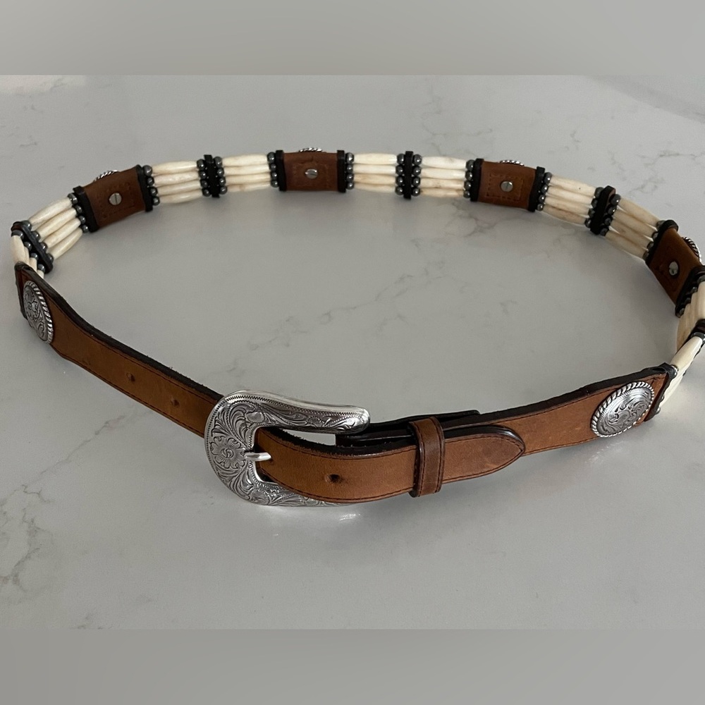 Tony Lama Native Son Bone Belt Genuine Leather with bone, beads, conchos sz 32